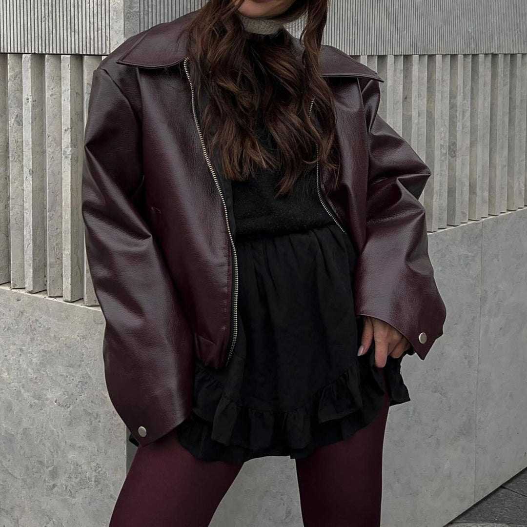 Casual leather jacket for women with a sporty style and elastic belt Lune London