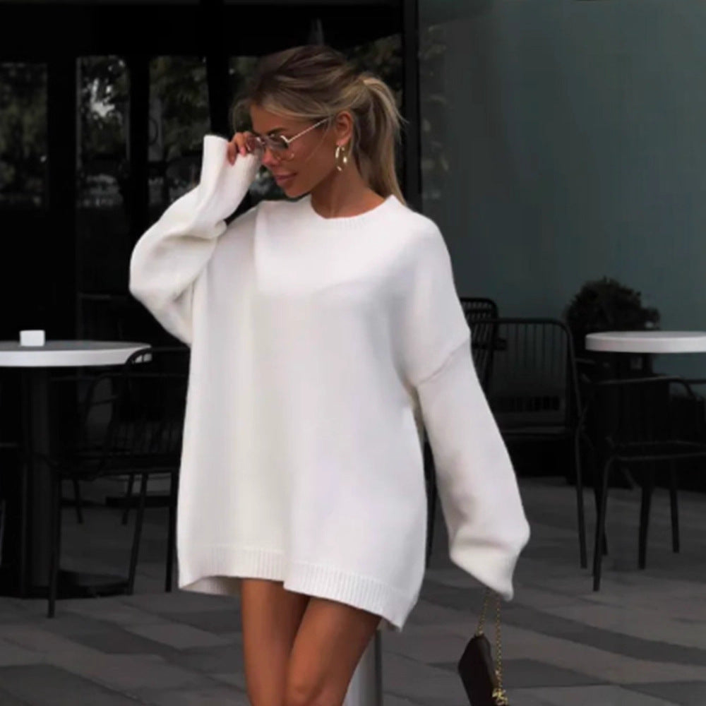 Women Oversized Knit Sweater with Loose Fit and Extended Hem Amarae
