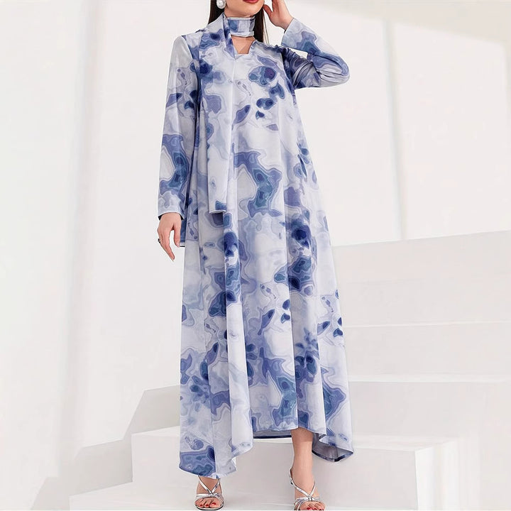 Maxi dress for women with artistic pattern and elegant high collar Lune London