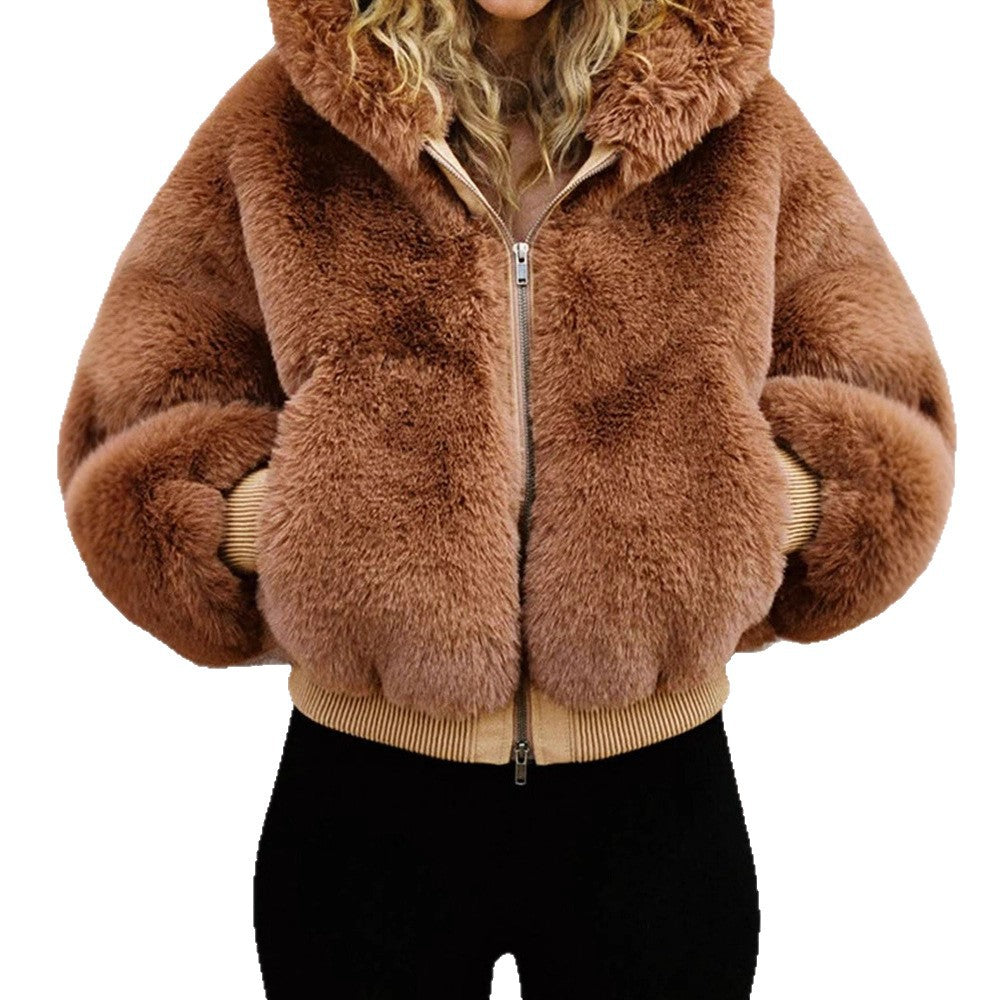 Women's Short Teddy Faux Fur Bomber Jacket with Hood, Wide Ribbed Hem and Two-Way Zipper Amarae