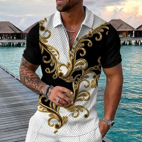 Men's Elegant Short Sleeve Shirt with Button Placket and Decorative Patterns Amarae