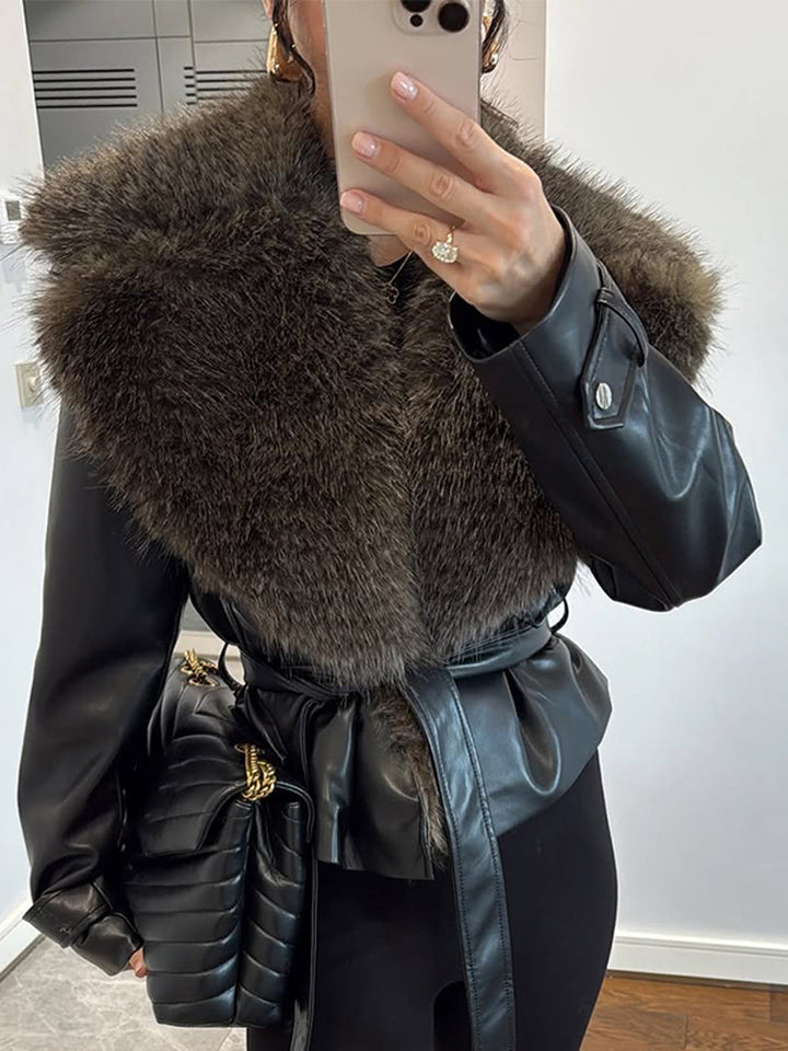 Women's tailored faux leather jacket with voluminous faux fur shawl collar and tie belt Amarae
