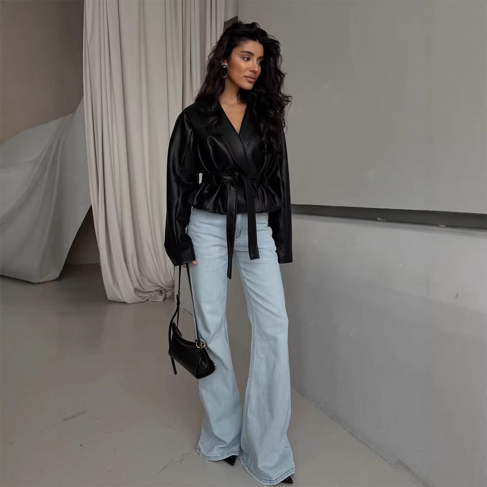 Women's Tailored Faux Leather Jacket with Peplum, Belt & Shawl Collar Amarae