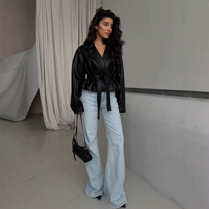 Women's Tailored Faux Leather Jacket with Peplum, Belt & Shawl Collar Amarae