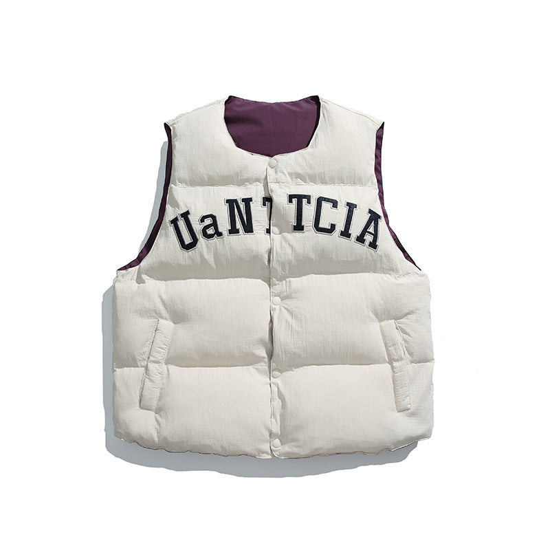 Unisex Padded Quilted Vest in Boxy Cut with Snap Button Closure and College Logo Print Amarae