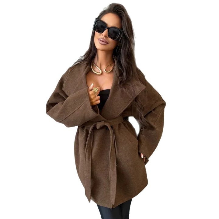 Women's short coat in cocoon cut made of wool blend with oversized shawl collar and tie belt Amarae