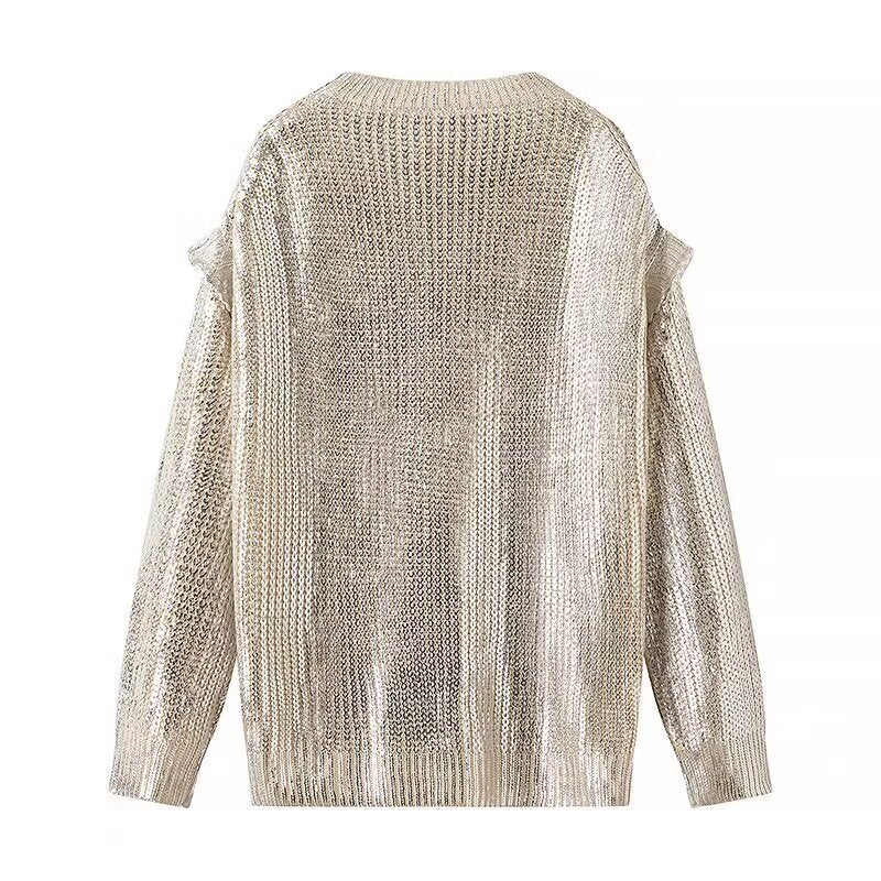 Ladies Glittering Chunky Knit Sweater with Cut-Out Shoulders Amarae