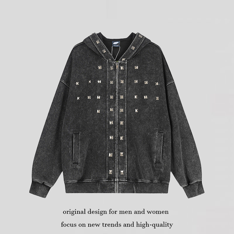 Women Oversize Zip Hoodie with Vintage Wash and Pyramid Studs Amarae