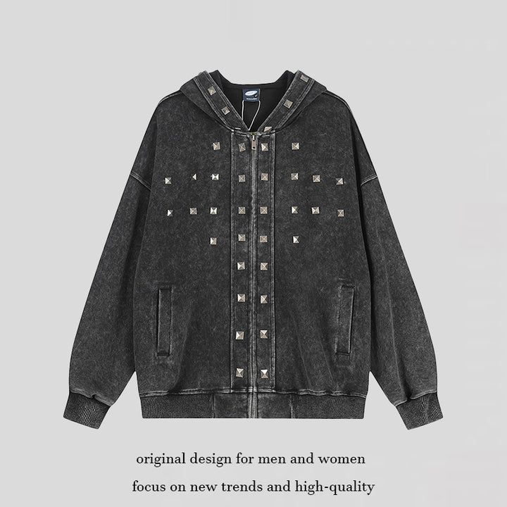 Women Oversize Zip Hoodie with Vintage Wash and Pyramid Studs Amarae