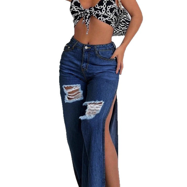 Women's Longer High-Cut Denim Maxi Skirt with Side Thigh Slit and Used Details Amarae