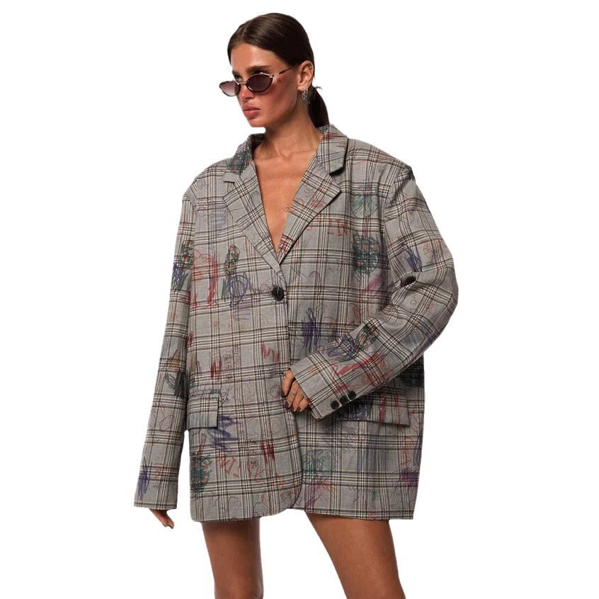 Trendy checked blazer jacket for women with an adjustable belt and creative accents Lune London