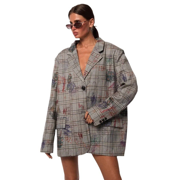 Trendy checked blazer jacket for women with an adjustable belt and creative accents Lune London