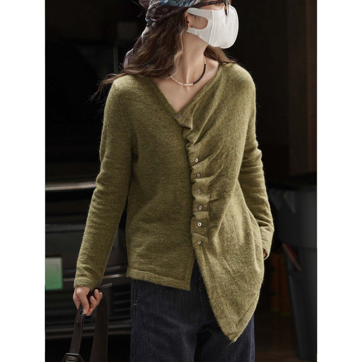 Women's Asymmetric Mohair-Look Cardigan with Offset Button Placket and Pointed Hem