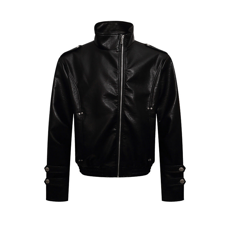 Men's short cut faux leather jacket with stand-up collar, zip front and decorative cuffs Amarae
