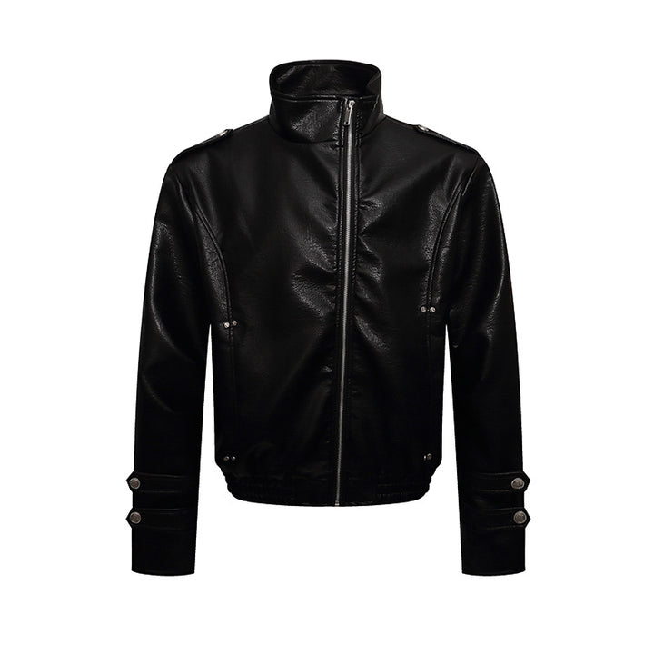 Men's short cut faux leather jacket with stand-up collar, zip front and decorative cuffs Amarae