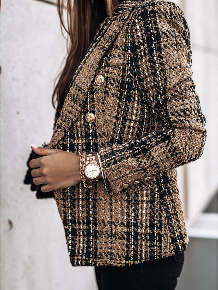 Tweed patterned jacket for women with double-breasted buttons and textured fabric Lune London