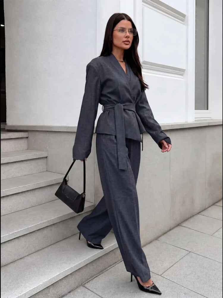Women's Elegant Wrap Blazer Set with Waist Belt and Wide Pleated Trousers Amarae