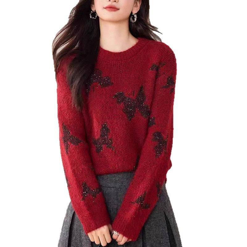 Pull tricoté élégant pour femmes avec des appliqués papillon étincelants Chic & Stil