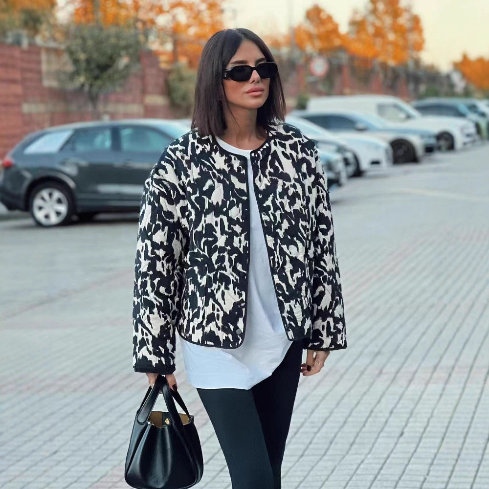 Women Padded Quilted Jacket with Abstract Leopard Print, Boxy Silhouette and Patch Pockets Amarae