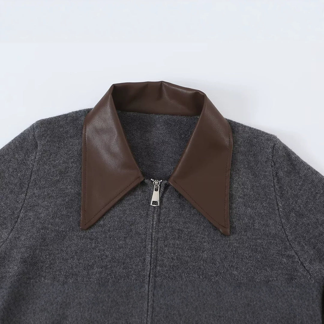Women Short Wool Blend Cardigan with Zipper and Contrasting Faux Leather Collar Amarae