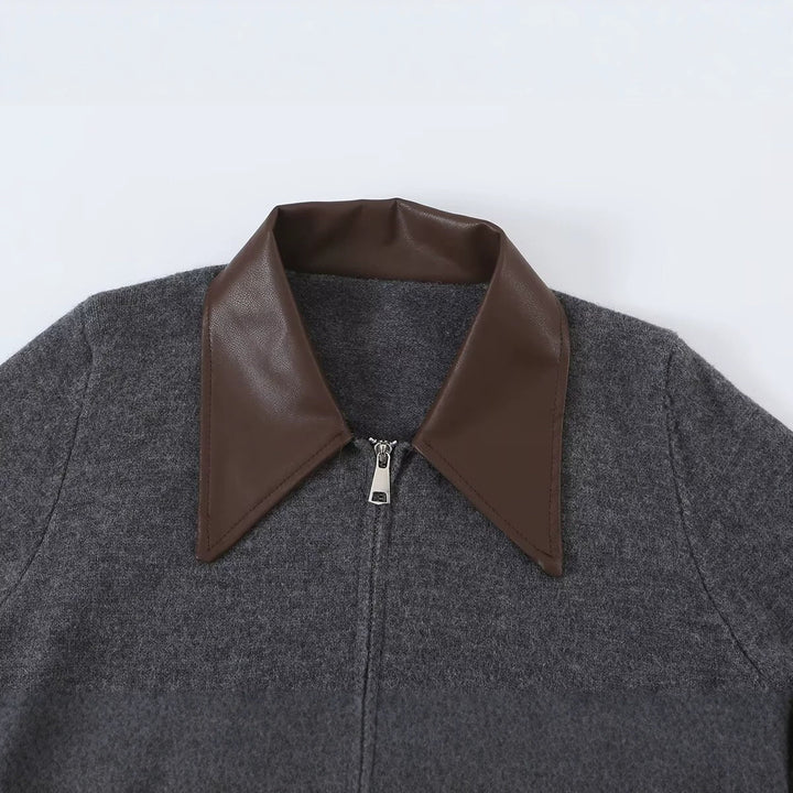 Women Short Wool Blend Cardigan with Zipper and Contrasting Faux Leather Collar Amarae