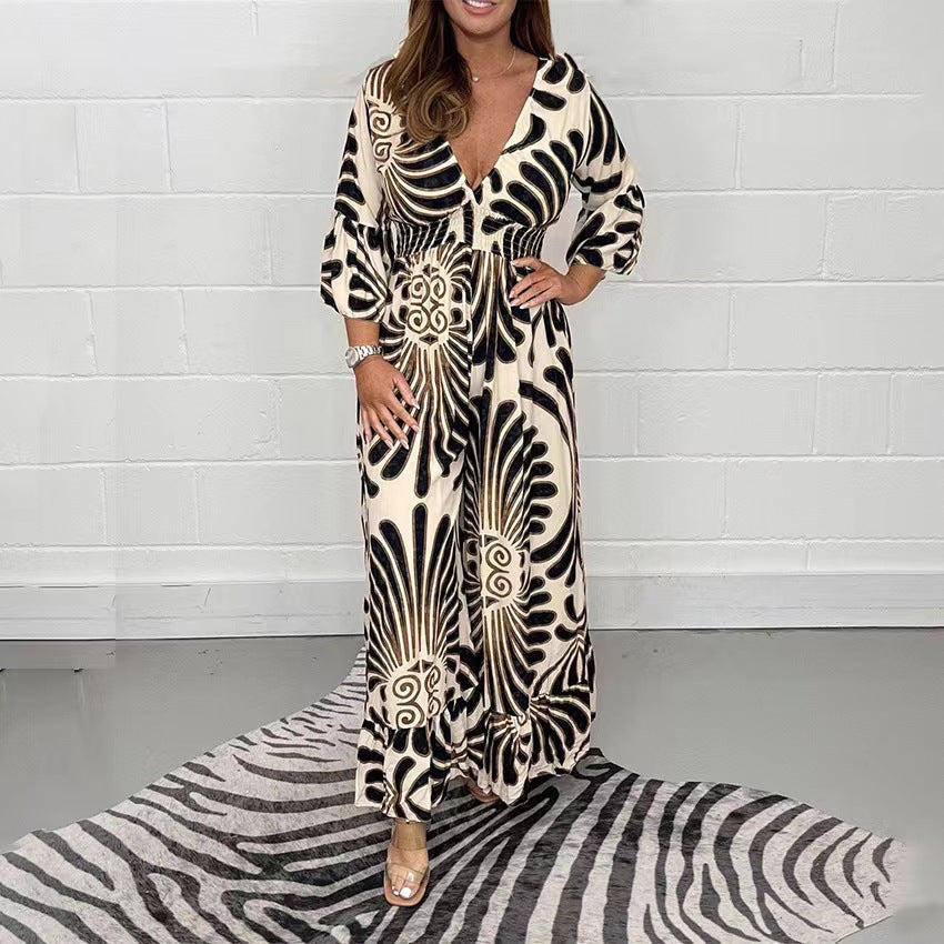 Maxi dress for women with V-neck and flounces Lune London