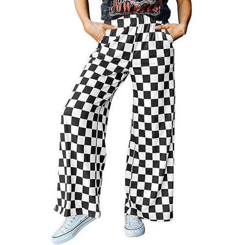 Women's Checkered Palazzo Pants with Elastic Waistband and Practical Side Pockets Chic und Stil