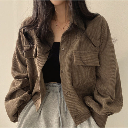 Ladies men's jacket in soft cord design with practical pockets and trendy puff sleeves