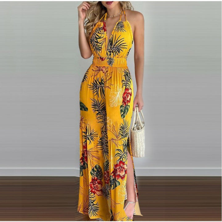 Women Bohemian Halter Neck Maxi Jumpsuit with Side Slits Lune London