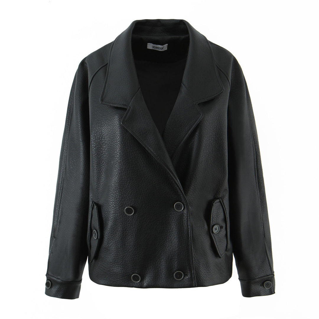 Elegant synthetic leather jacket for women with double-breasted buttons and wide lapels Lune London