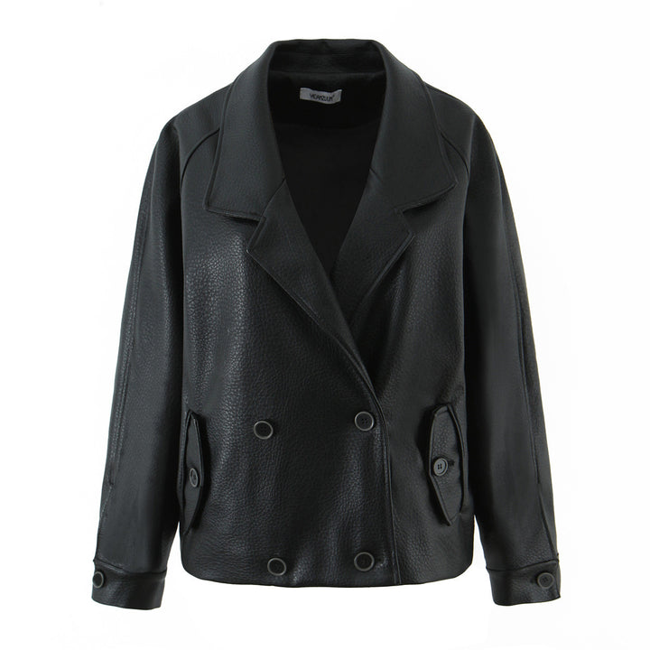 Elegant synthetic leather jacket for women with double-breasted buttons and wide lapels Lune London