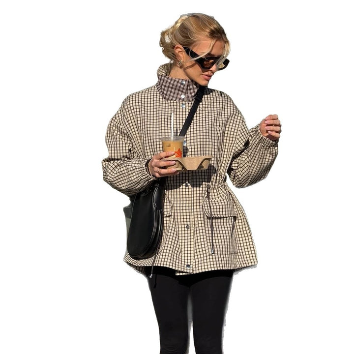 Women Checkered Waist Parka with Stand-up Collar, Drawstring, and Flap Pockets Amarae