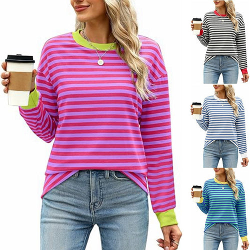 Ladies Casual Striped Sweater with Round Neck Amarae