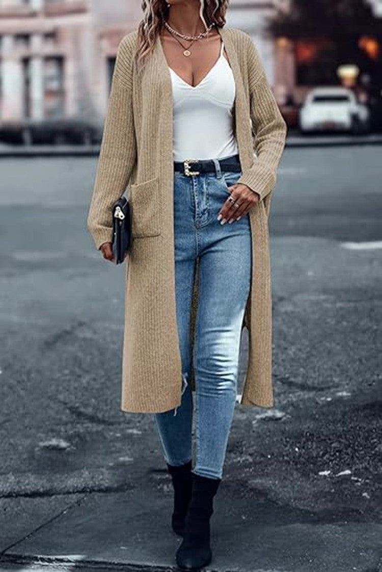 Long knit coat for women with structured design and practical pockets Lune London