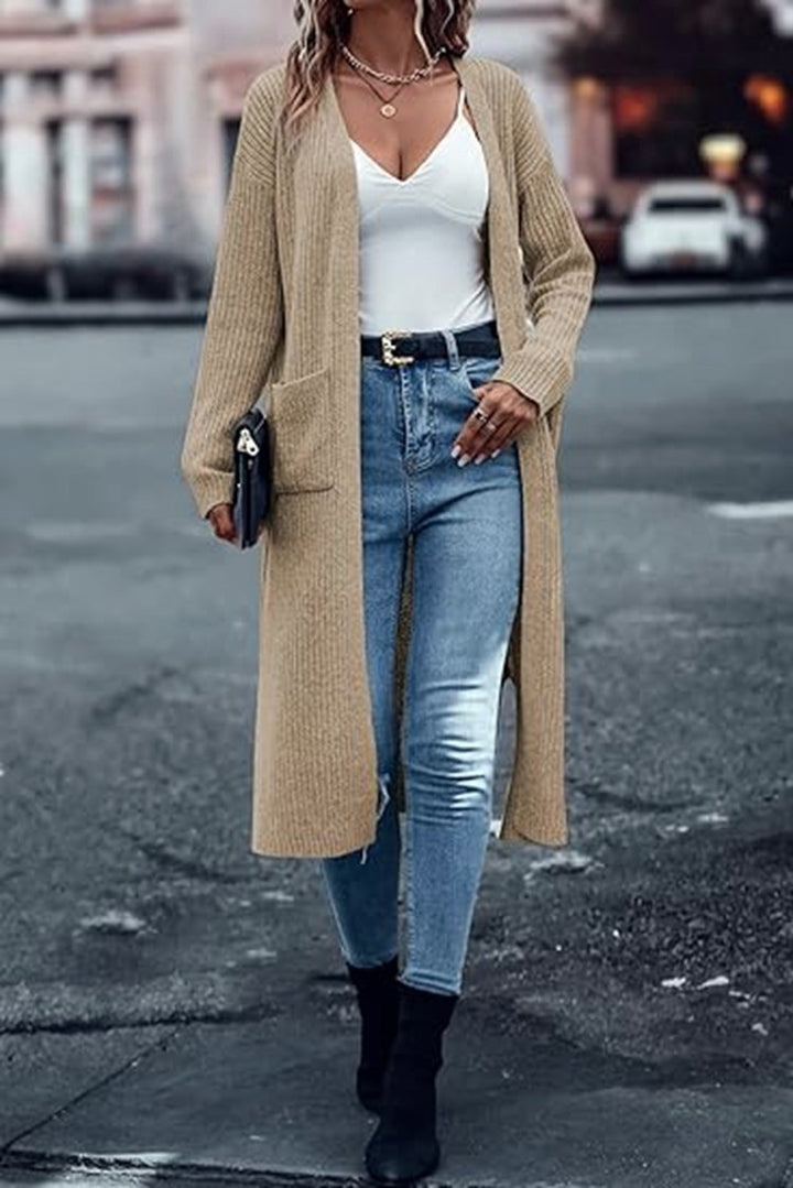 Long knit coat for women with structured design and practical pockets Lune London