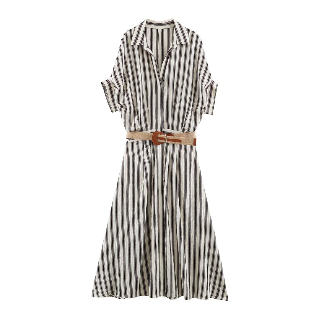 Women’s Long Striped Shirt Dress with Waist Belt and Dropped Shoulders Amarae