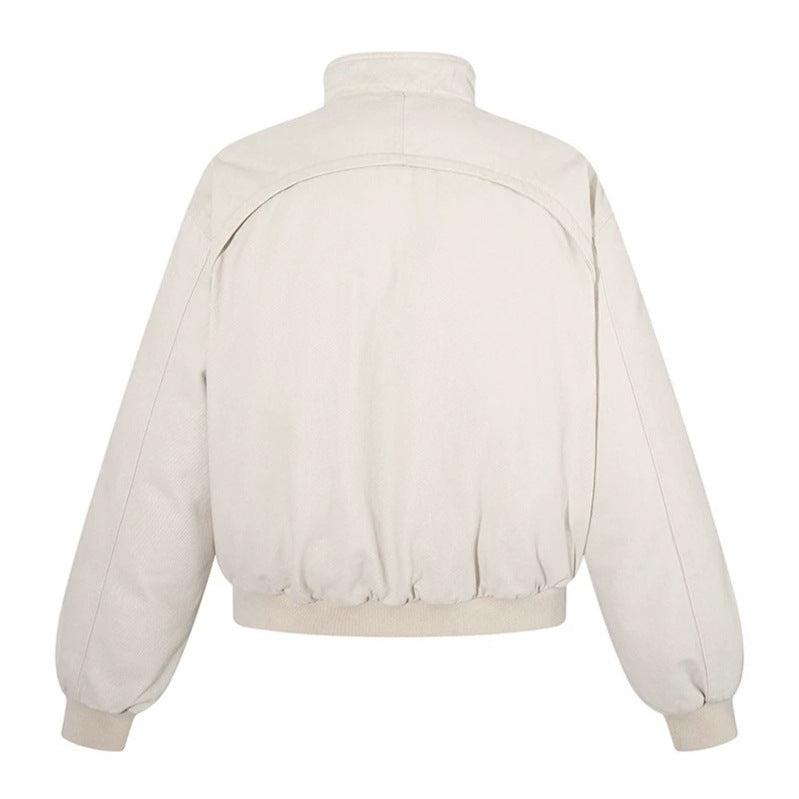 Women's short-cut bomber jacket with stand-up collar, concealed zipper, and elastic hem Amarae