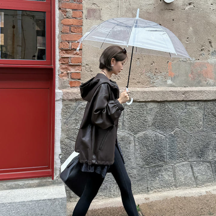 Fashionable lambskin leather jacket for women with practical hood and relaxed fit Lune London