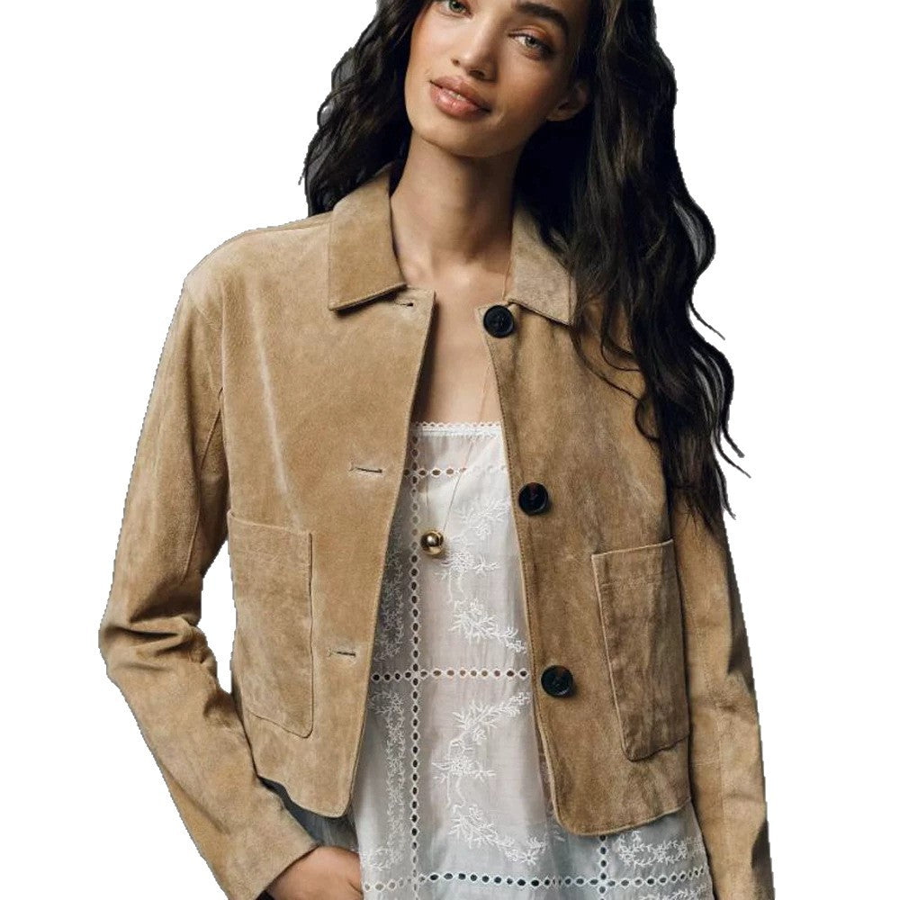 Women Short Suede Jacket in Clean-Cut with Patch Pockets Amarae
