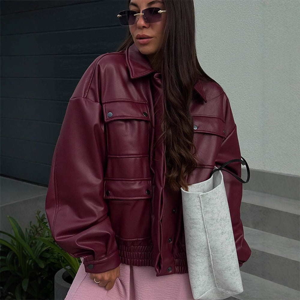 Women Oversized Faux Leather Jacket with Placket Snap Pockets and Elastic Hem Amarae