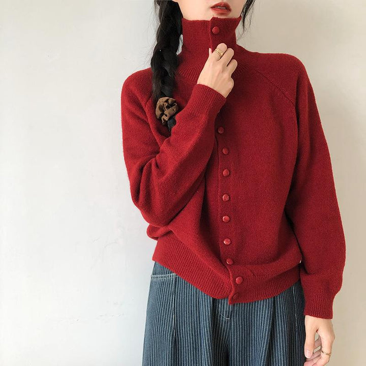 Women's knit jacket with modern turtleneck and button details Lune London