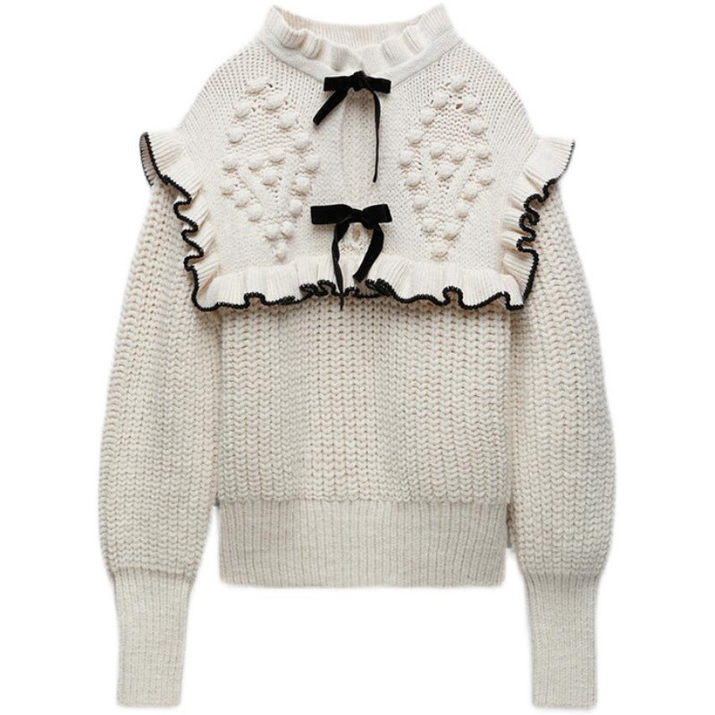 Knitted sweater for women with ruffled collar and decorative bows Lune London