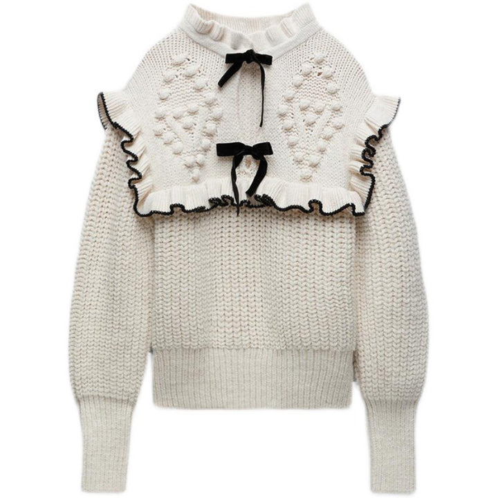 Knitted sweater for women with ruffled collar and decorative bows Lune London