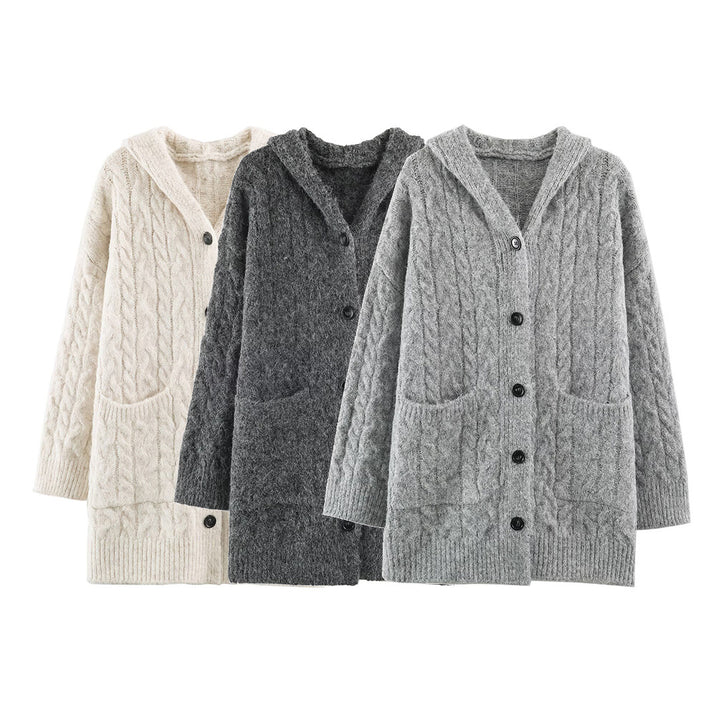 Women's Long Knitted Hooded Cardigan with Cable Pattern and Button Placket Amarae