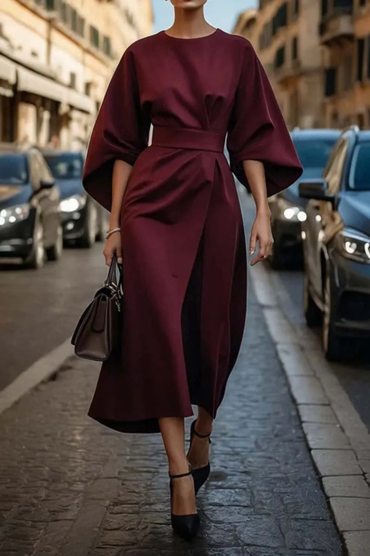 Elegant maxi dress for women with puff sleeves and a fitted belt Lune London