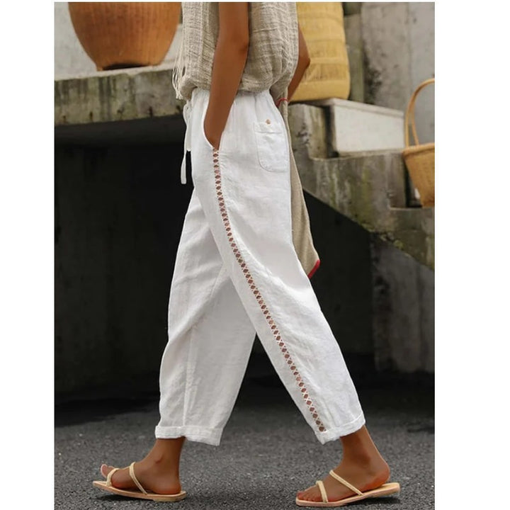 Casual linen pants for women with side button detail Lune London