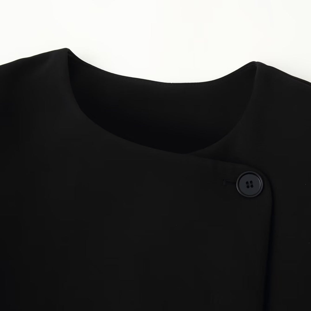 Women's Minimalistic Short Jacket with Asymmetrical Placket and Round Neckline Amarae