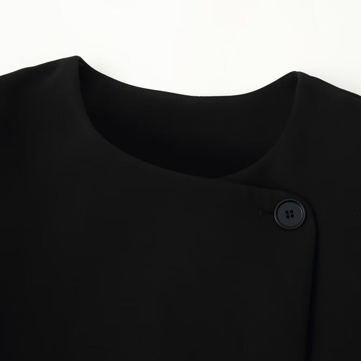 Women's Minimalistic Short Jacket with Asymmetrical Placket and Round Neckline Amarae