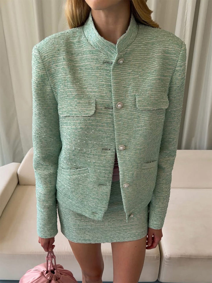 Women Tweed Two-Piece Short Jacket and Mini Skirt in Boucle Style Amarae