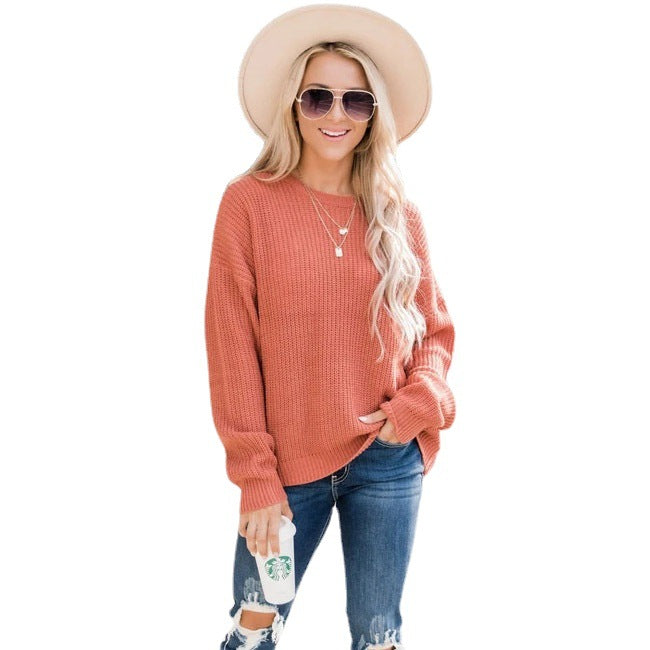 Damen Oversize Strickpullover mit Rundhalsausschnitt und gerippten Bündchen Drune